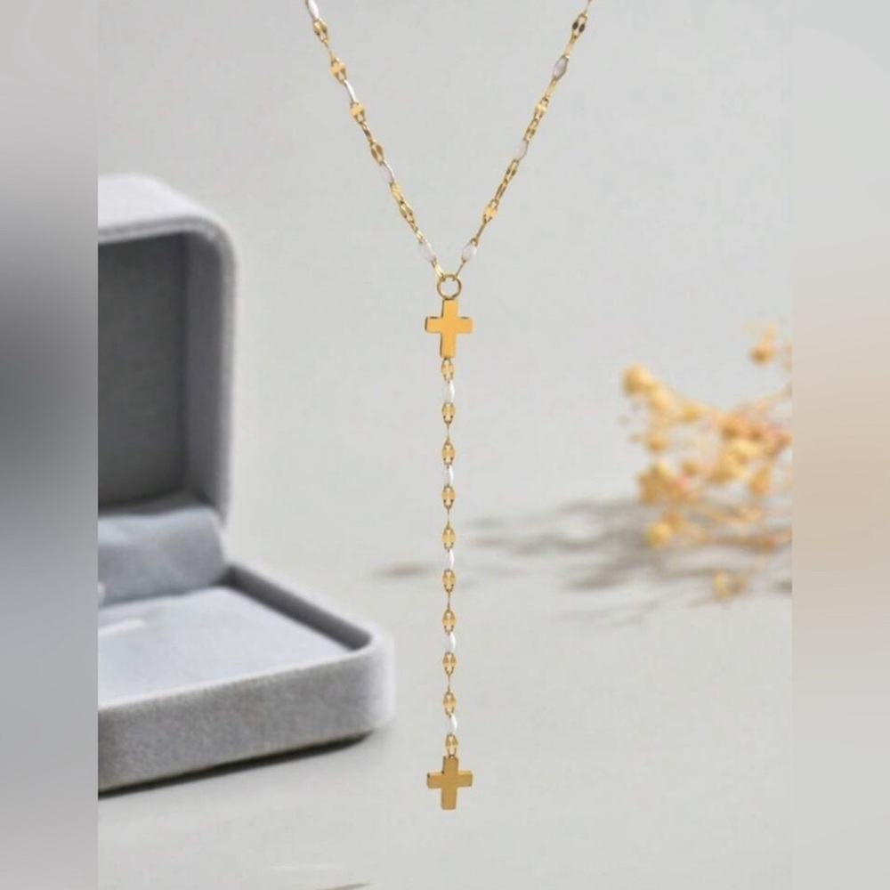 Gold Plated Stainless Steel Cross Lariat Necklace Dainty Rosary Style Pendant - Picture 2 of 2